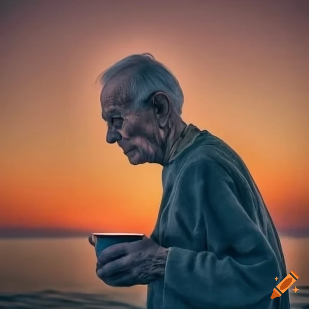 Elderly man enjoying tea while watching the sunset