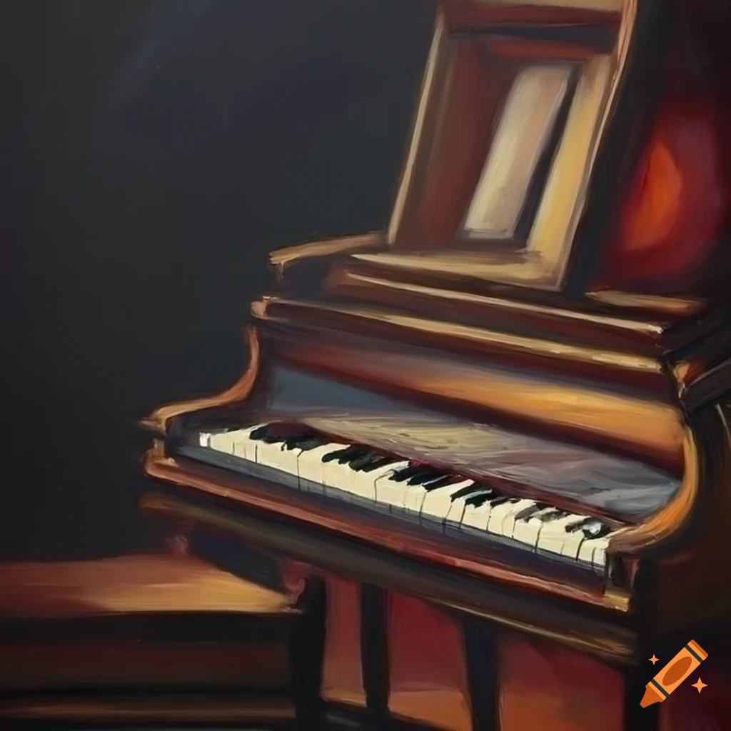 Moody oil painting of a piano against a black background