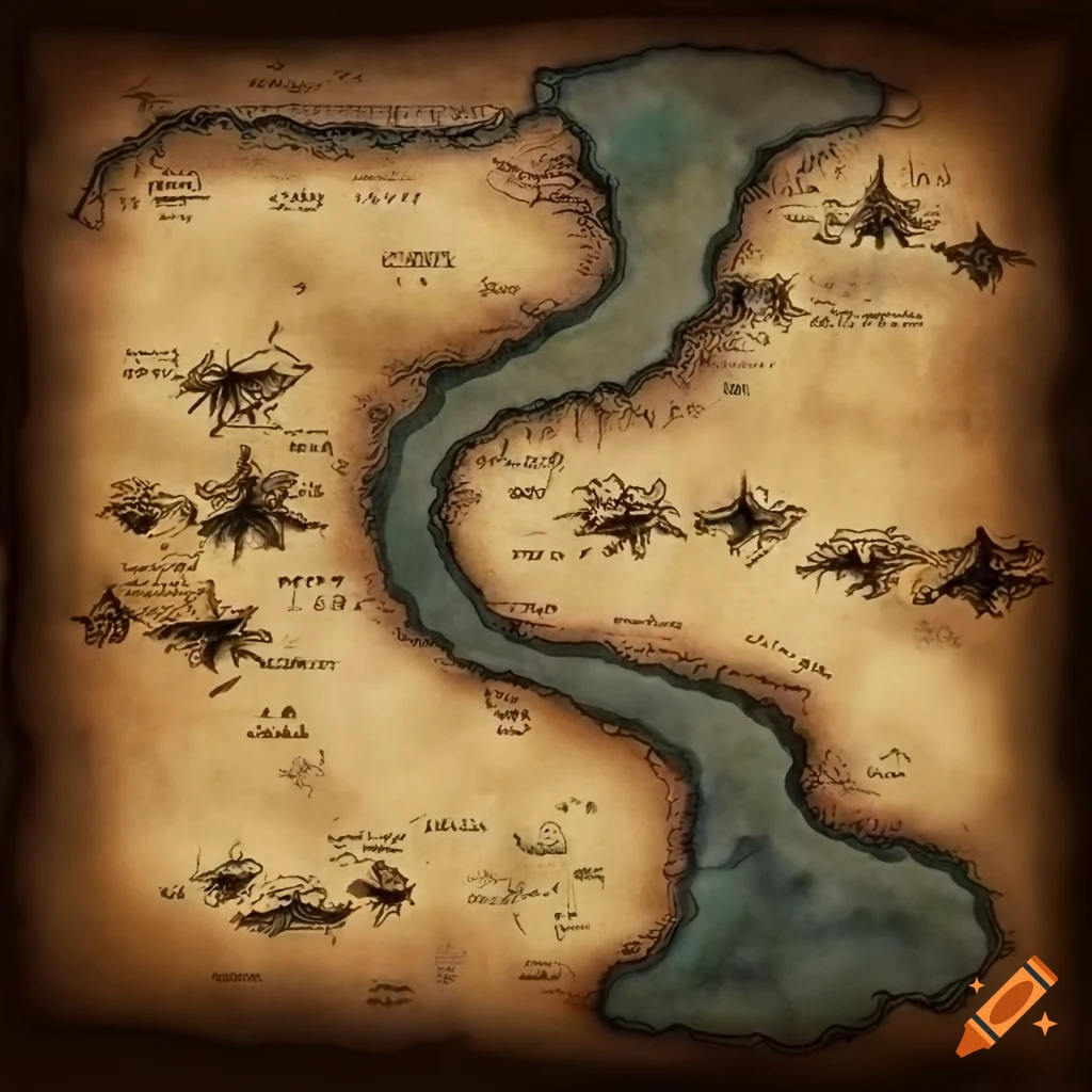 Detailed fantasy map on parchment with winding river and symbols on Craiyon