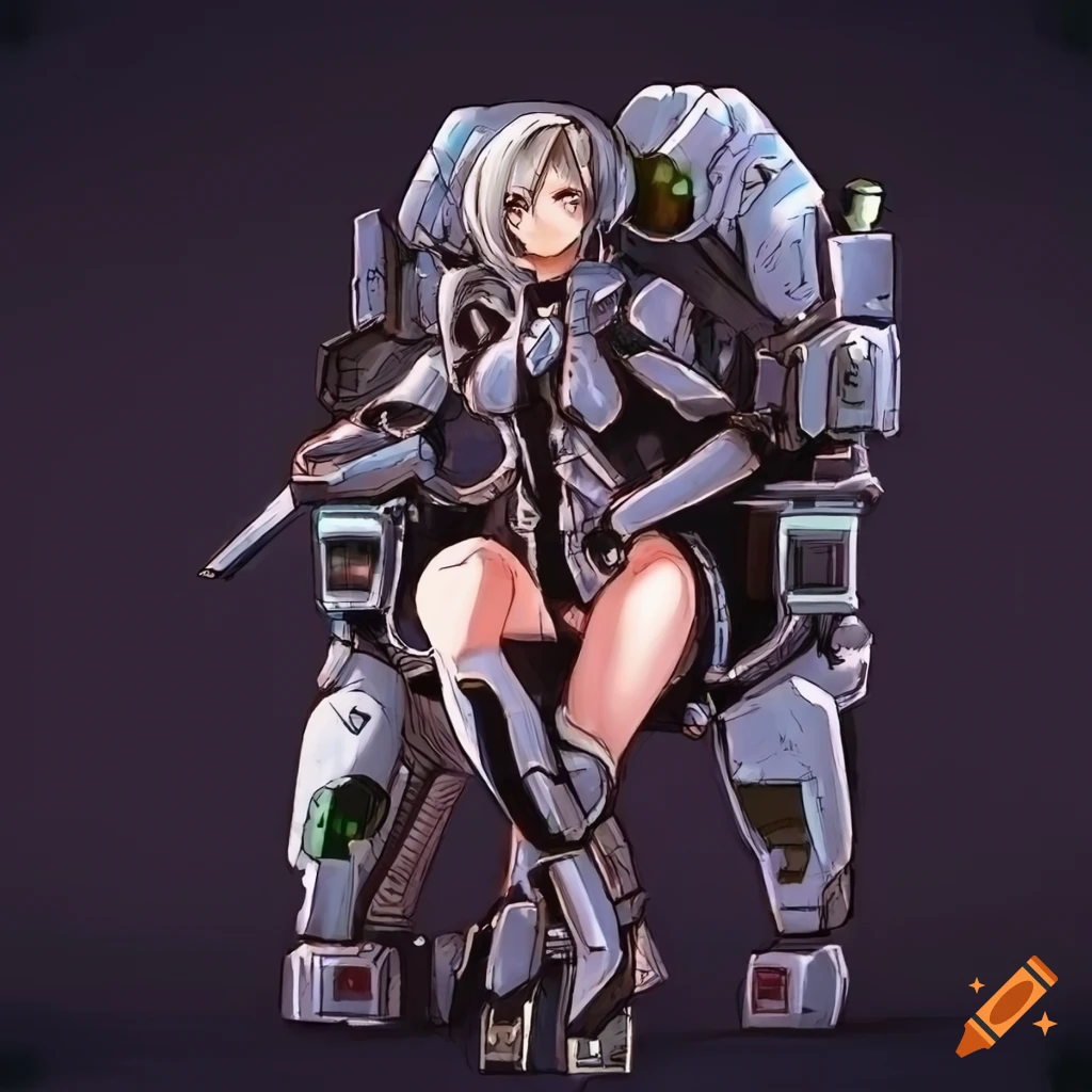 Woman in bodysuit sitting in a mech in Masamune Shirow style
