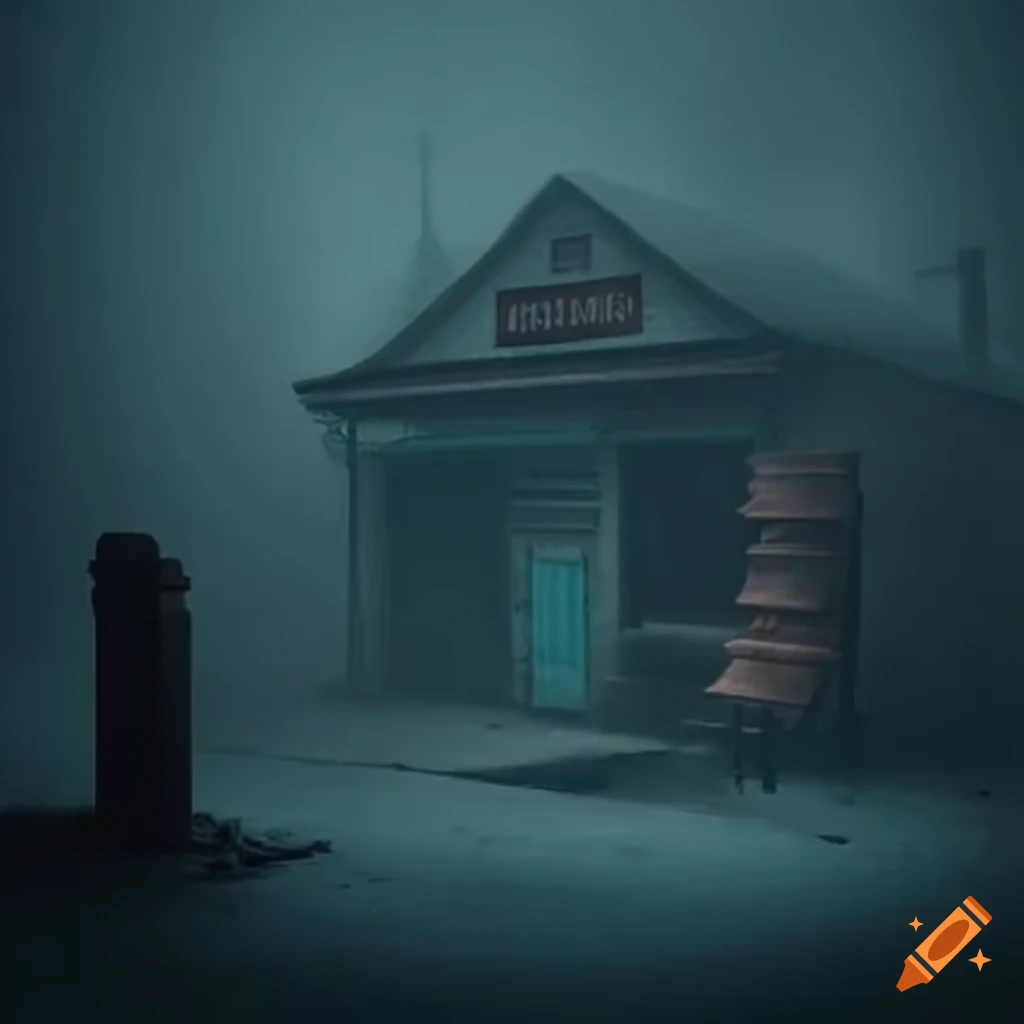 Outside of corner store in misty atmosphere