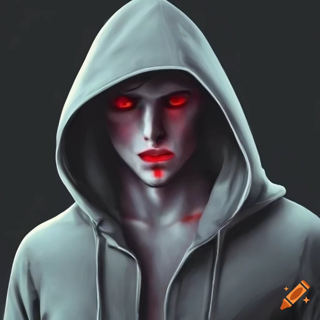 Mysterious man with red eyes and gray hood on Craiyon