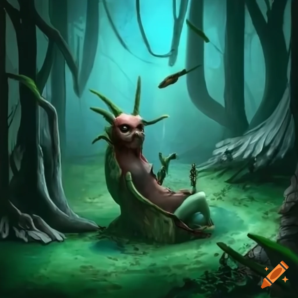 Enchanted forest scene with mythical creatures and a porcelain fairy ...