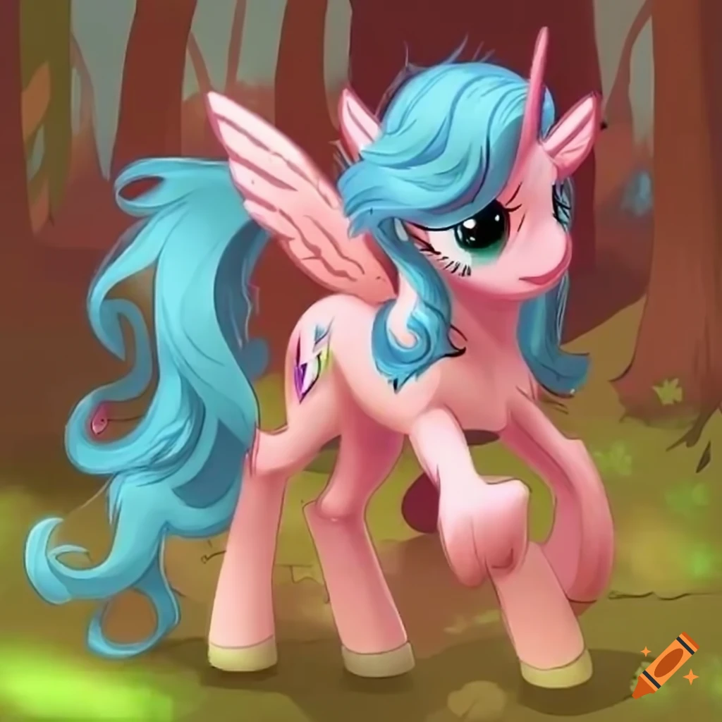Enchanting Pegasus pony with red color and lightning bolt cutie mark in magical forest
