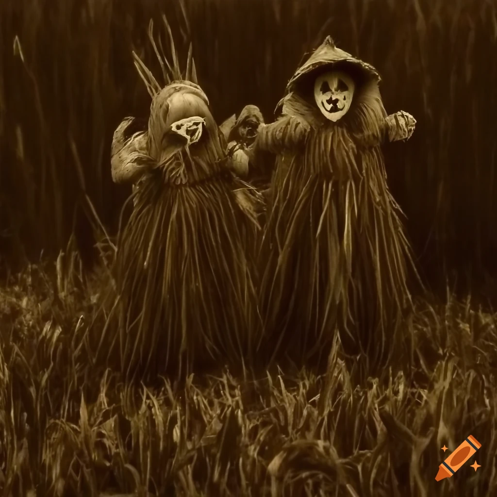 Sepia Halloween scene with cult wicker and creepy kids in a corn field