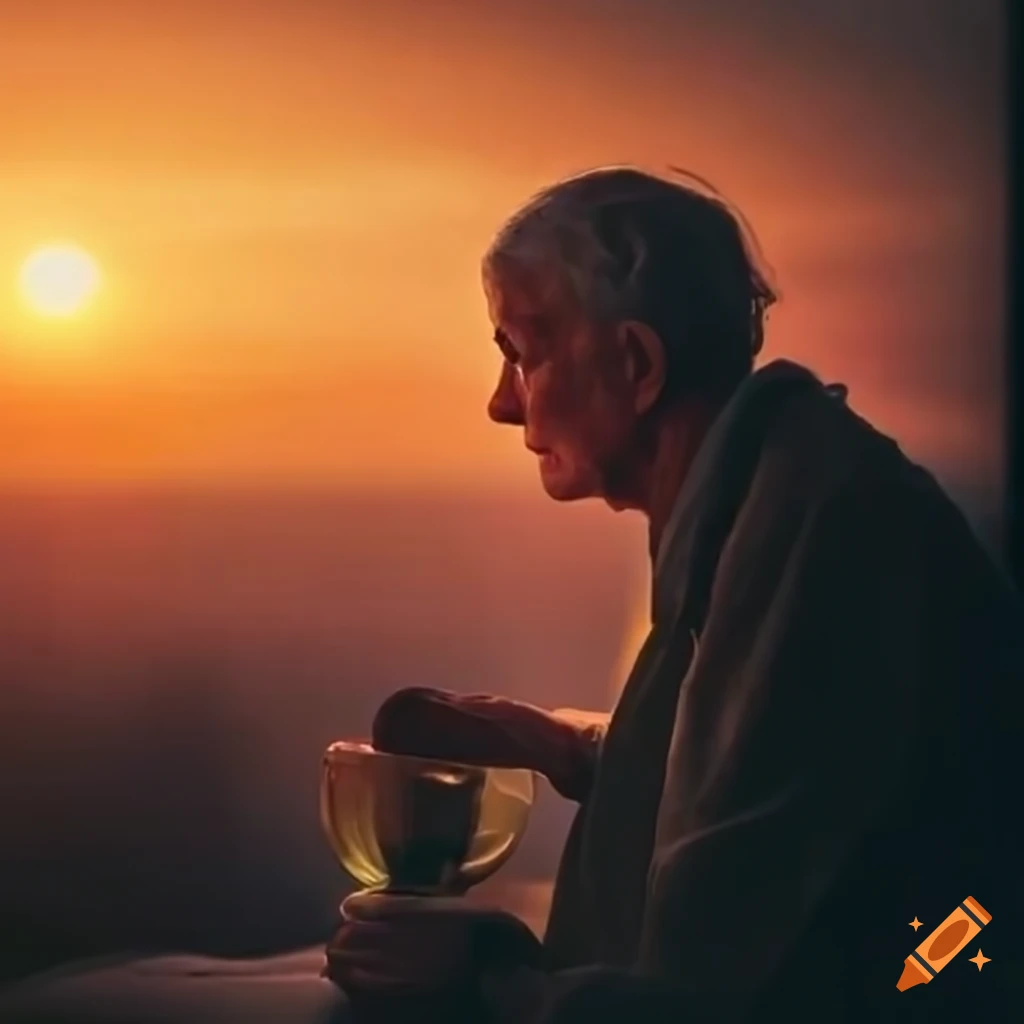 Elderly man enjoying tea while watching the sunset
