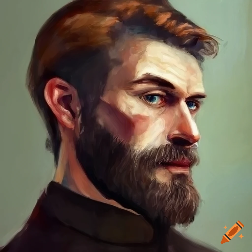 Handsome middle-aged man with brown hair and trimmed beard in impressionist style