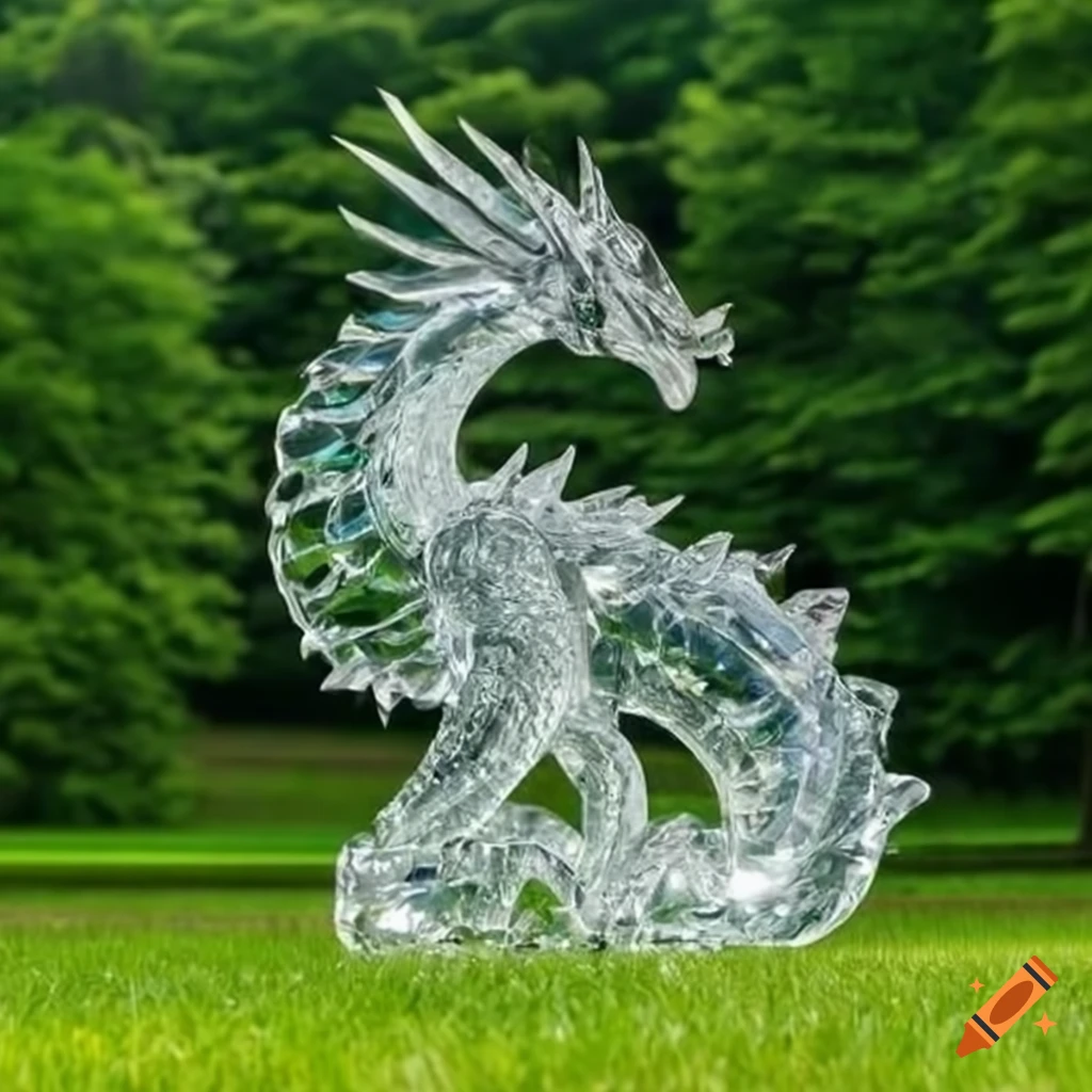 Majestic crystal dragon sculpture in a green field