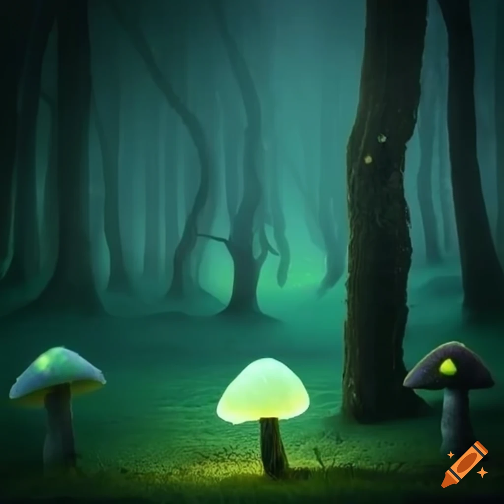 Magical forest with glowing mushrooms and faerie foliage