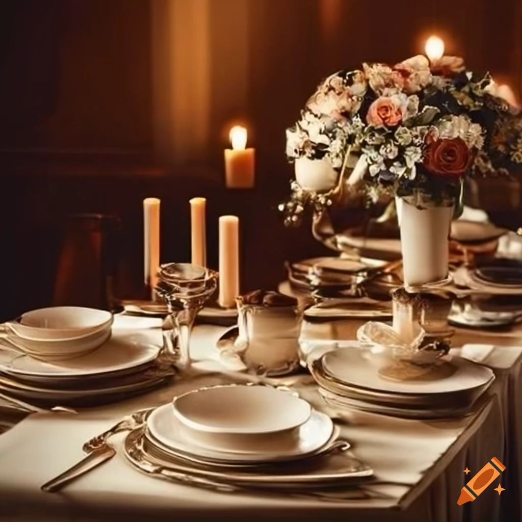 Elegant dining table with vintage dinnerware, candles, and flowers