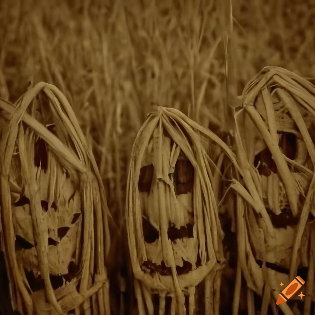 Sepia Halloween scene with cult wicker and creepy kids in a corn field