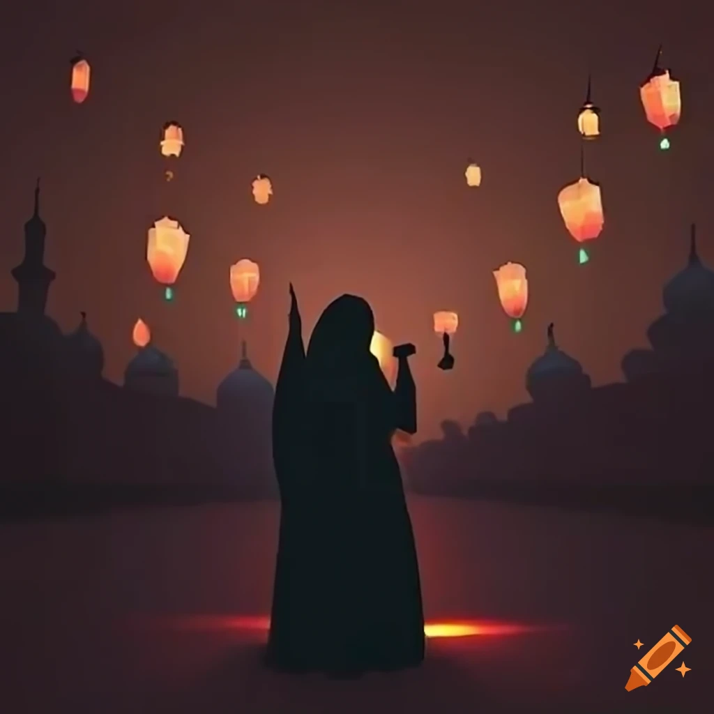 Muslim family silhouettes with lantern glow heading to mosque during festival