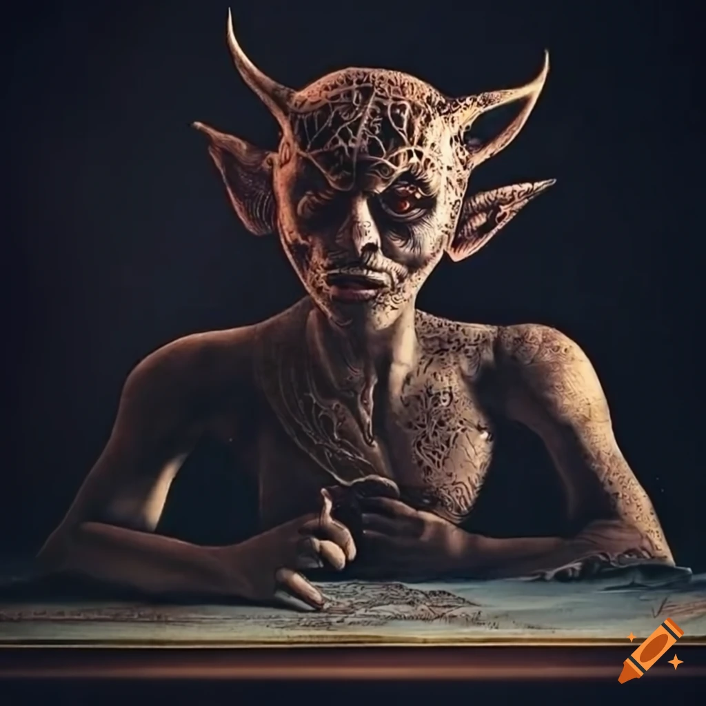 Intricately-detailed Tarot card of The Devil on a dark table