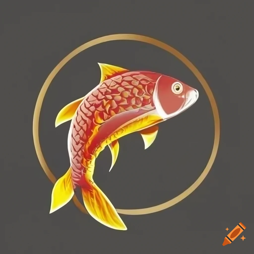 Dynamic logo of a carp fish with fiery golden scales symbolizing gaming ...