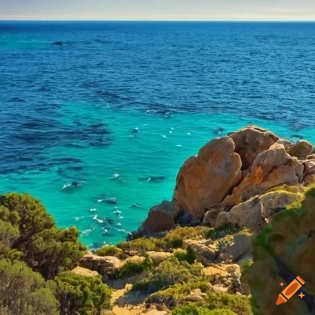 Beautiful coastal line with rocks and Mediterranean trees in sunlight