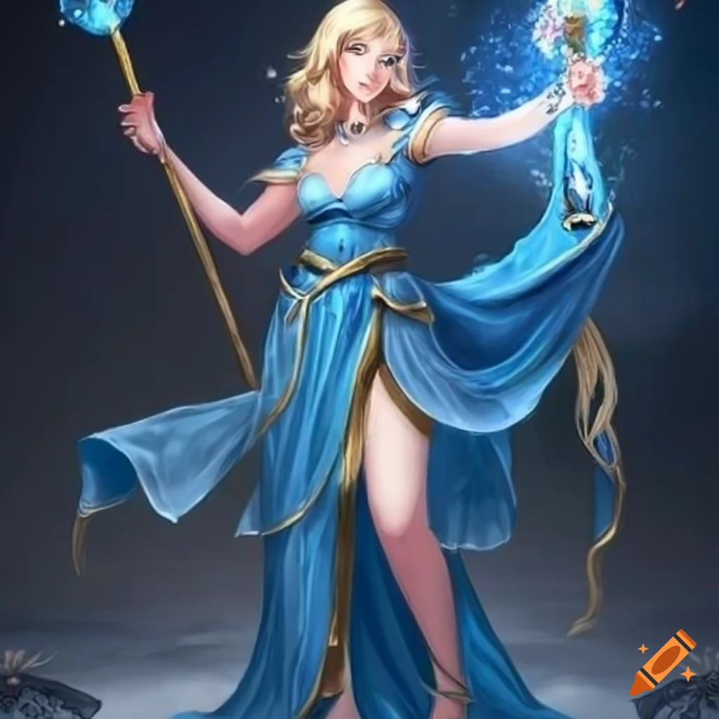 Blonde female mage in blue dress with crystal staff and pink flower in hair