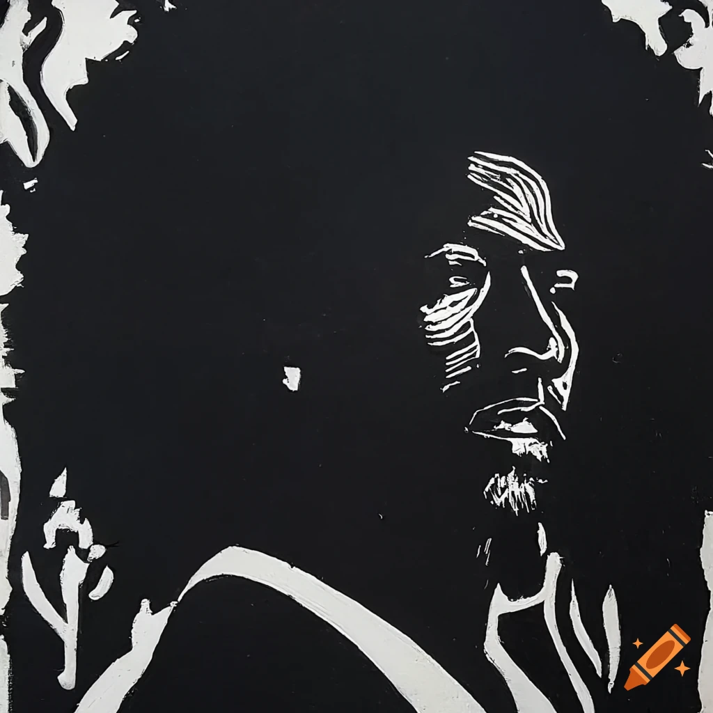Linocut art depicting modern Black Jesus in black and white