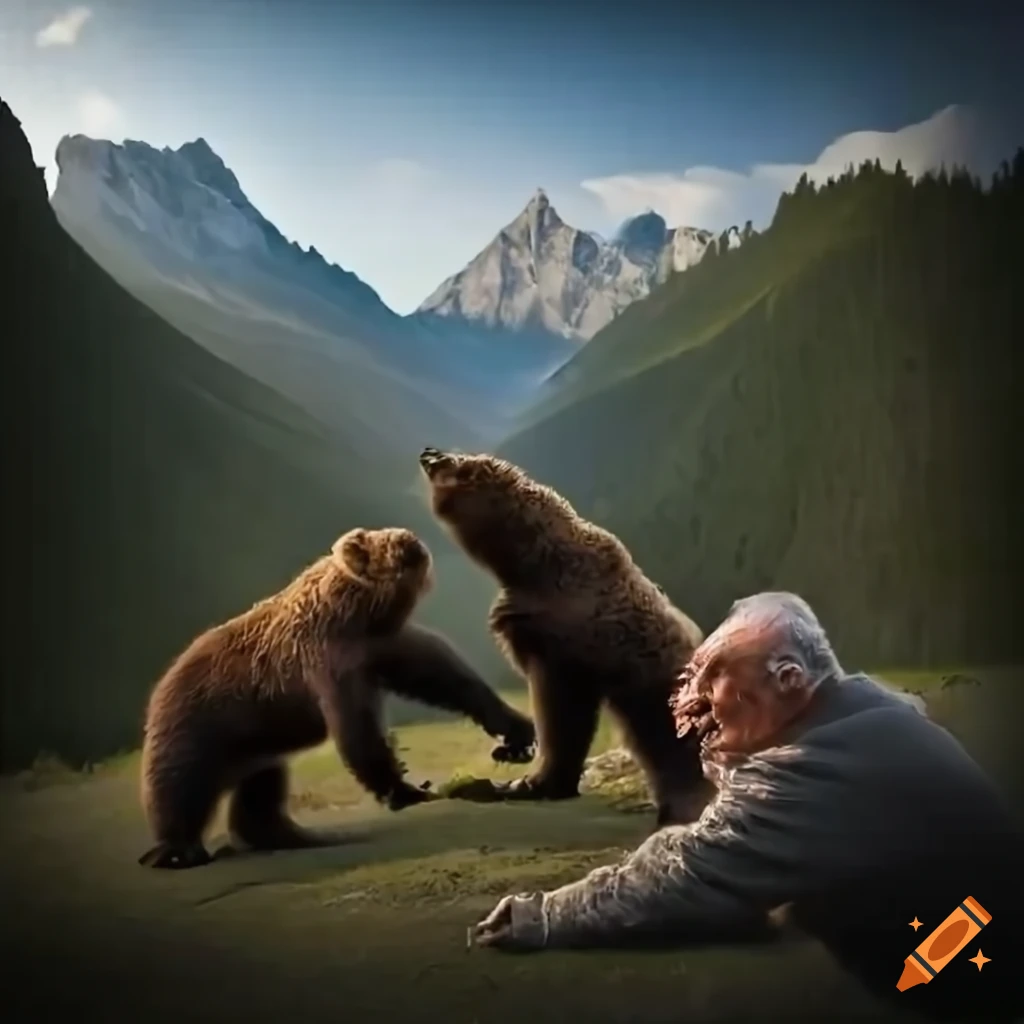 Two Rural Old Men Rivals Fighting Dramatic scene of bears fighting an old man on a mountain, with another ...