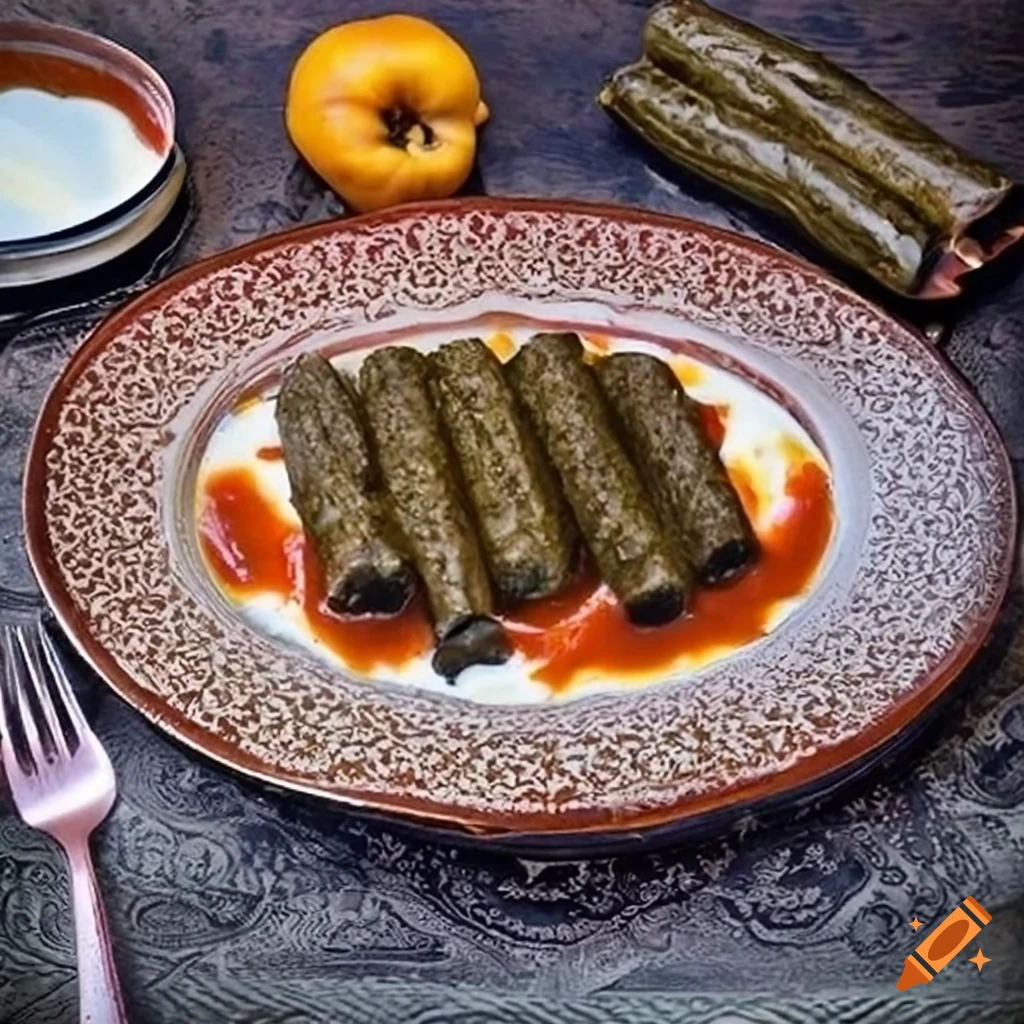 Close-up shot of gourmet dolma with yogurt and boiled quince