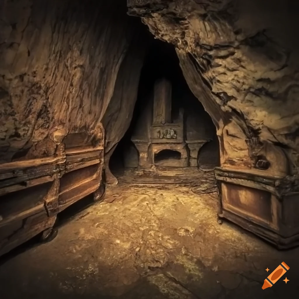 Small old golden chest in a dark cave