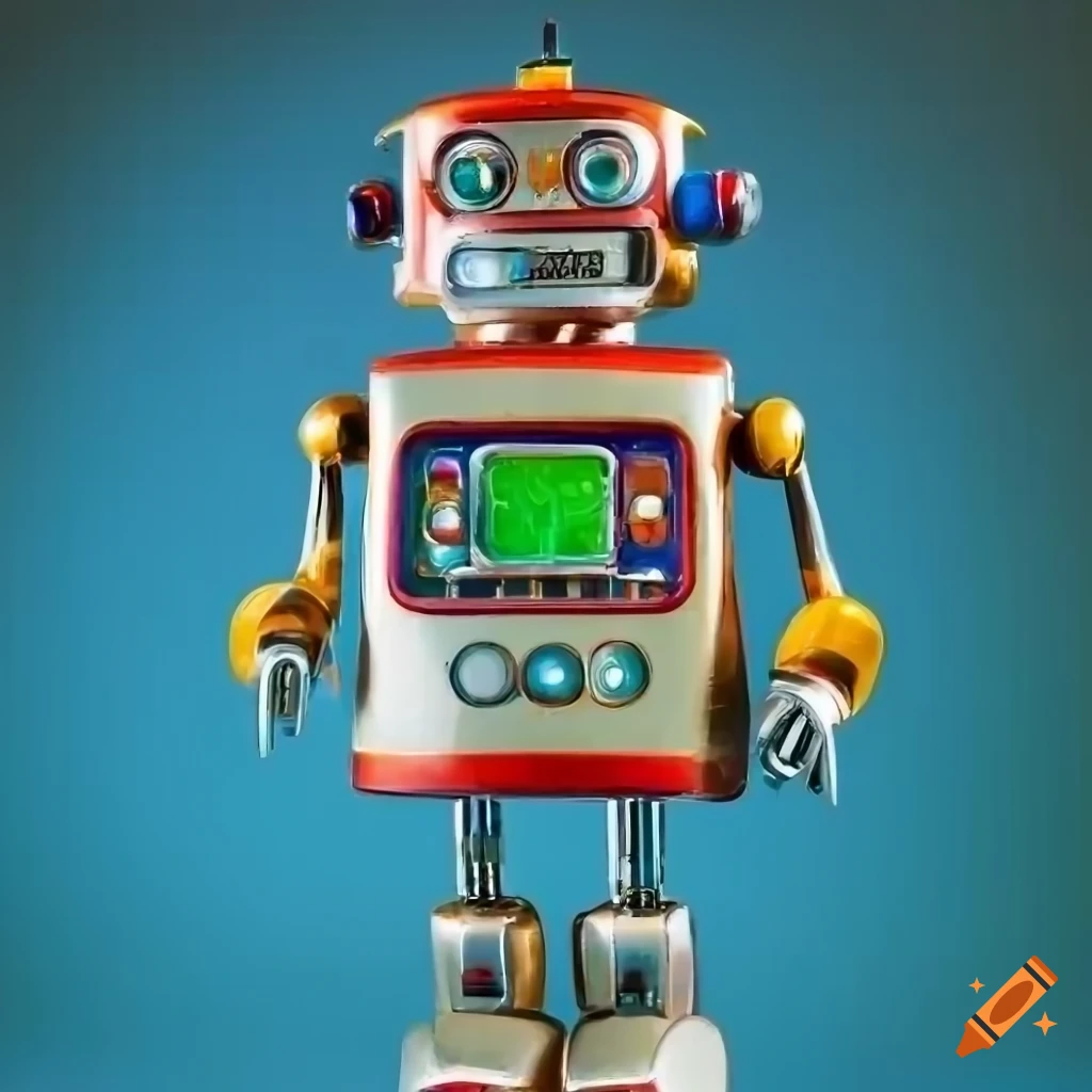 Vintage retro robot with big teeth on a spiral background