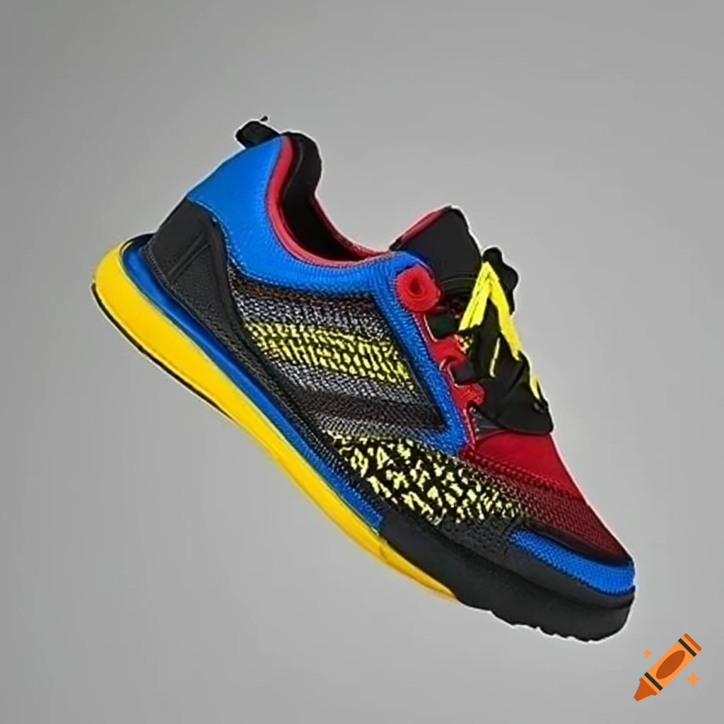 Black mesh gym shoes with yellow and red details