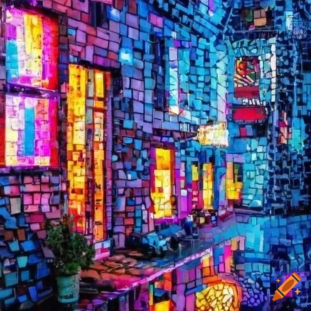 Cyberpunk house in mosaic art style