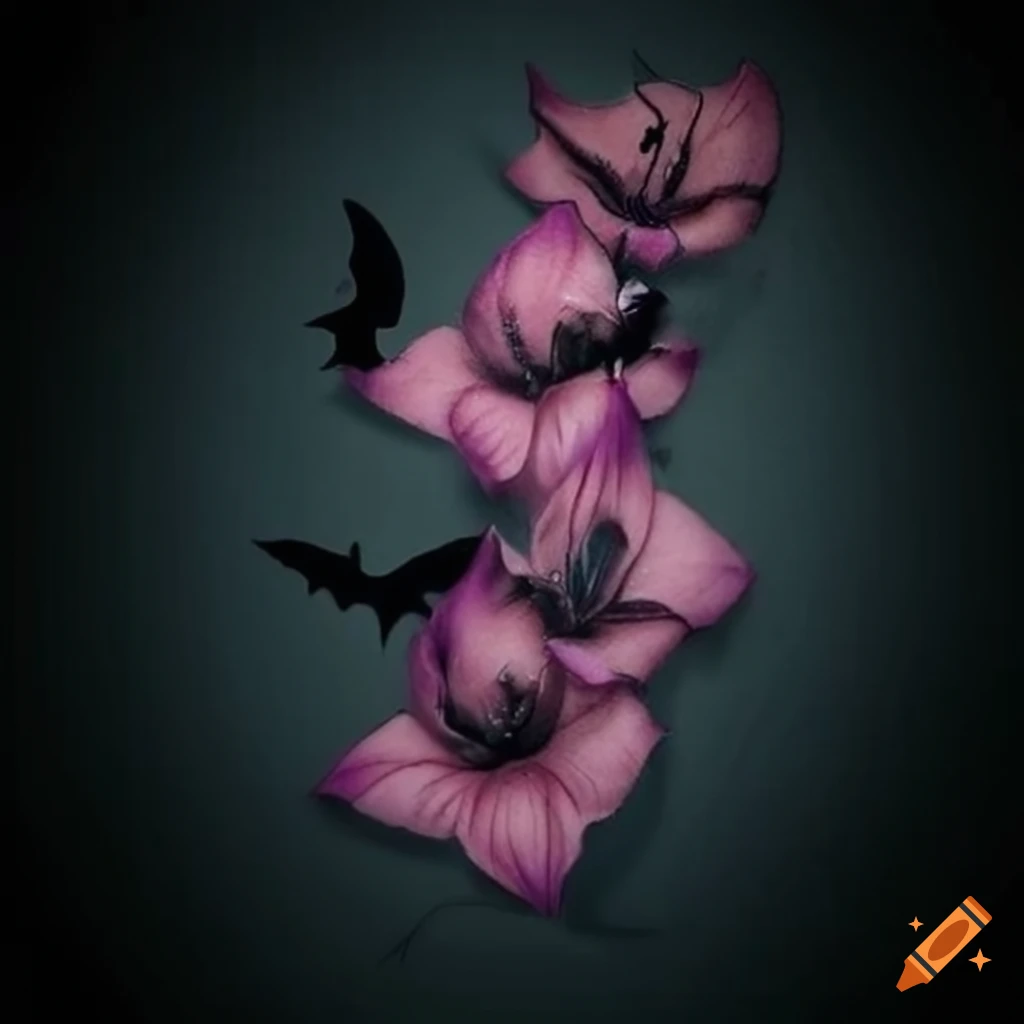 Small tattoo design with black gladiolus flowers and bats