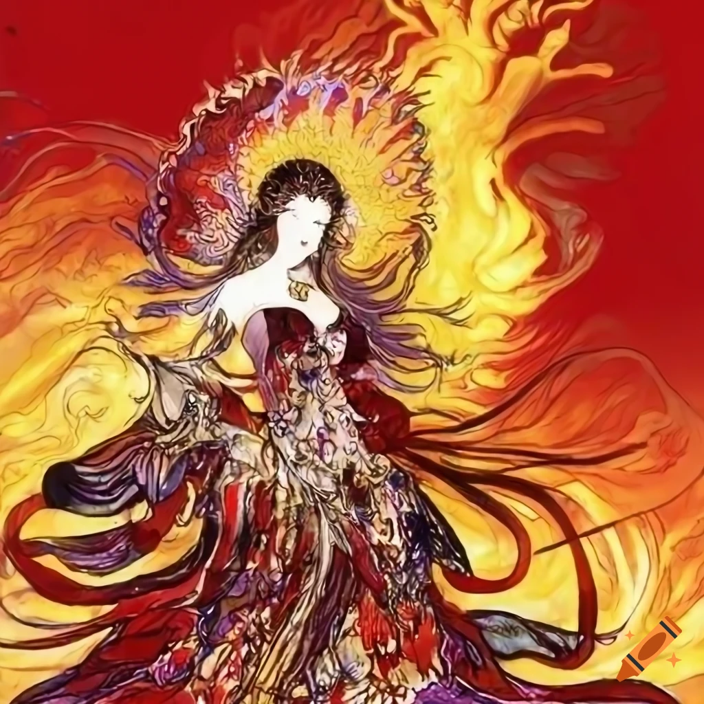 Imperial fire queen with golden hair flowing in the air in Yoshitaka Amano style