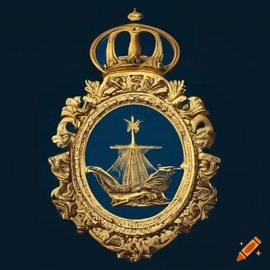 Seal of an office of maritime affairs with a ship on the sea in a renaissance style