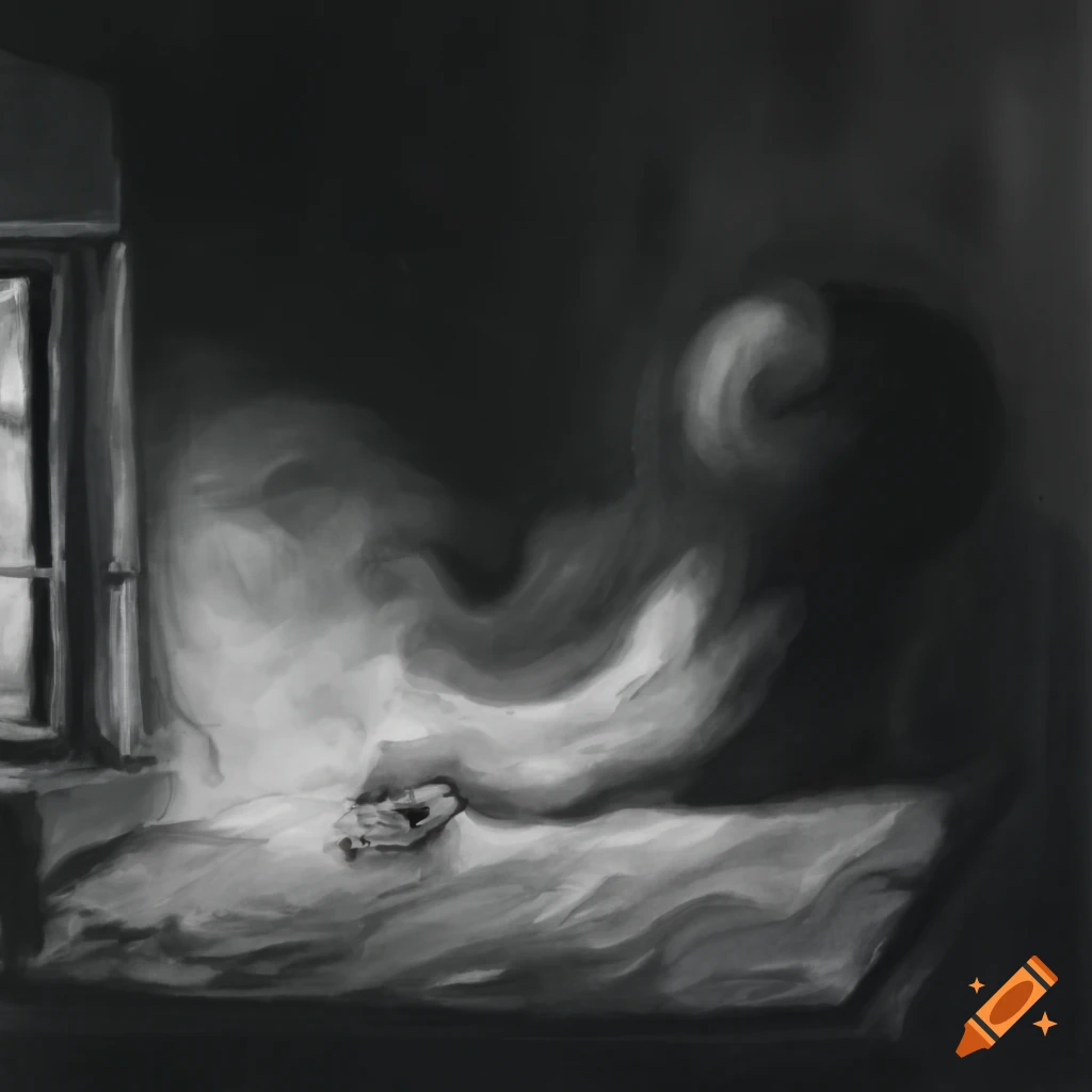 Cloud entering cottage room through window in charcoal drawing