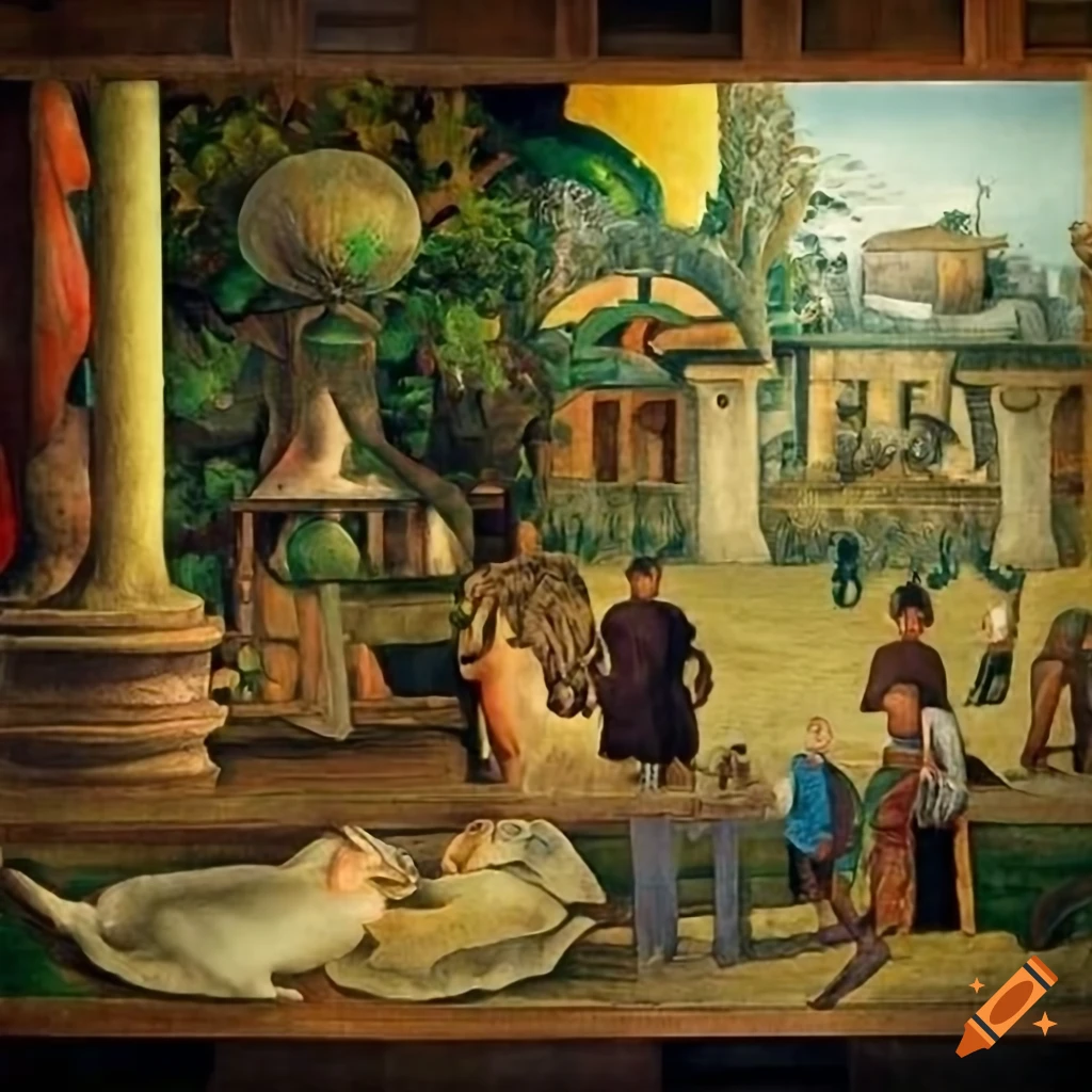 Panoramic mural of a futuristic Garden of Eden inspired by H. G. Wells ...