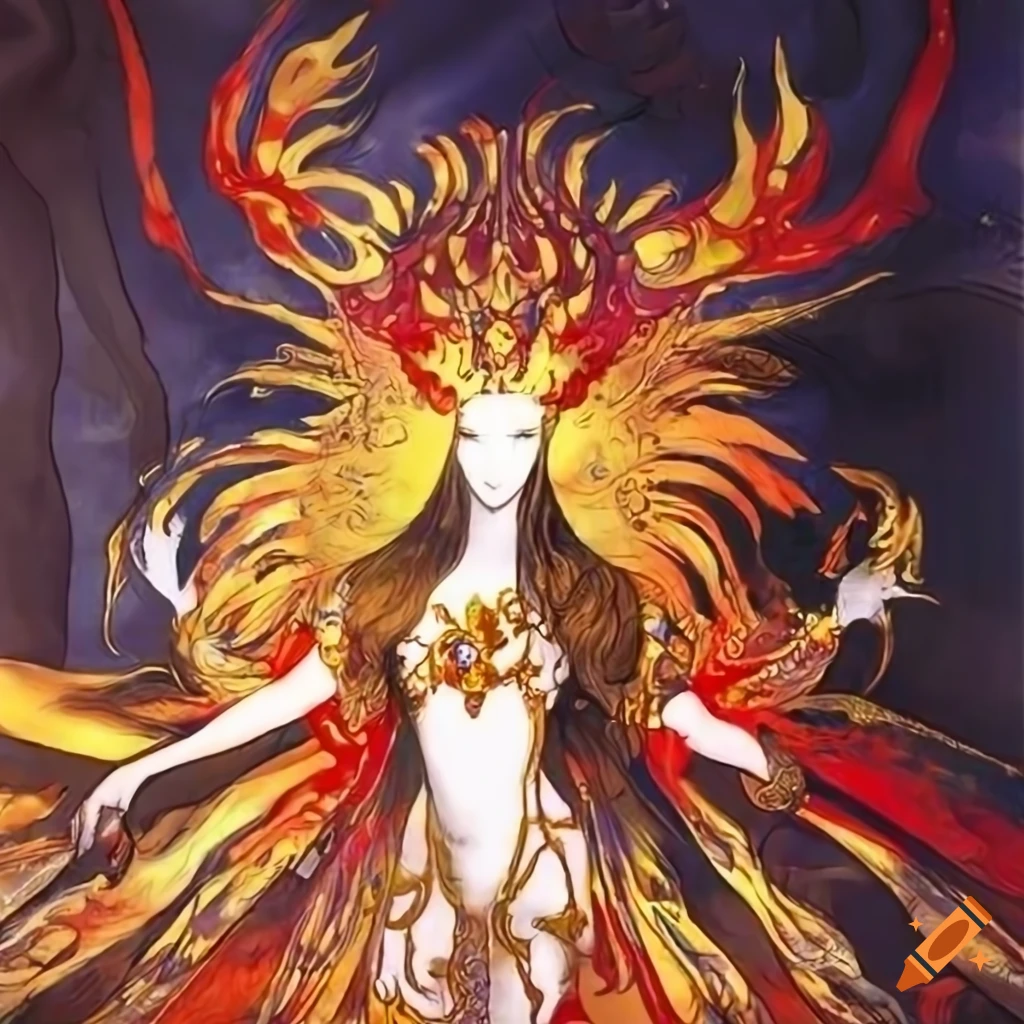 Imperial fire queen with golden flowing hair in Yoshitaka Amano style