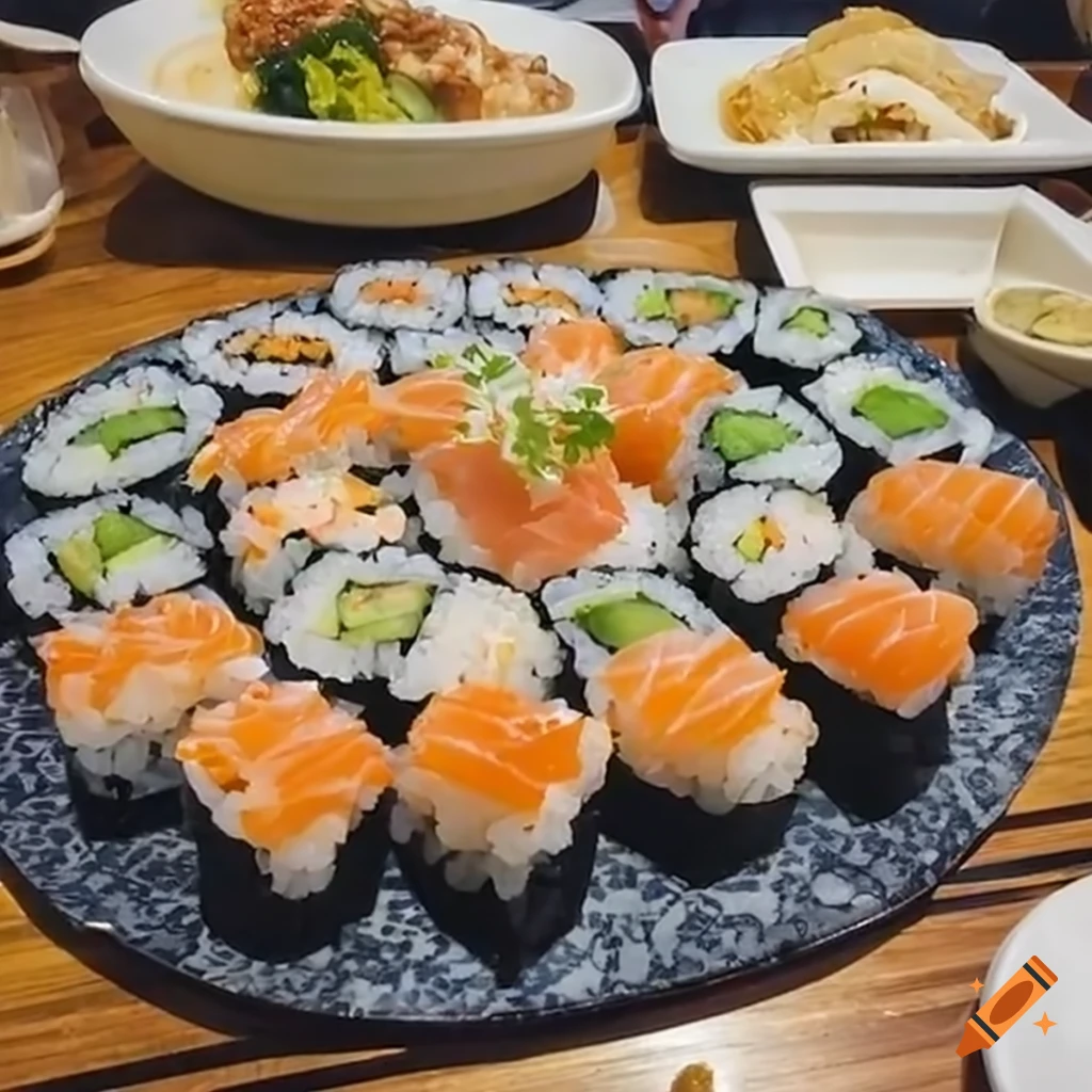 Huge sushi in a restaurant with people around