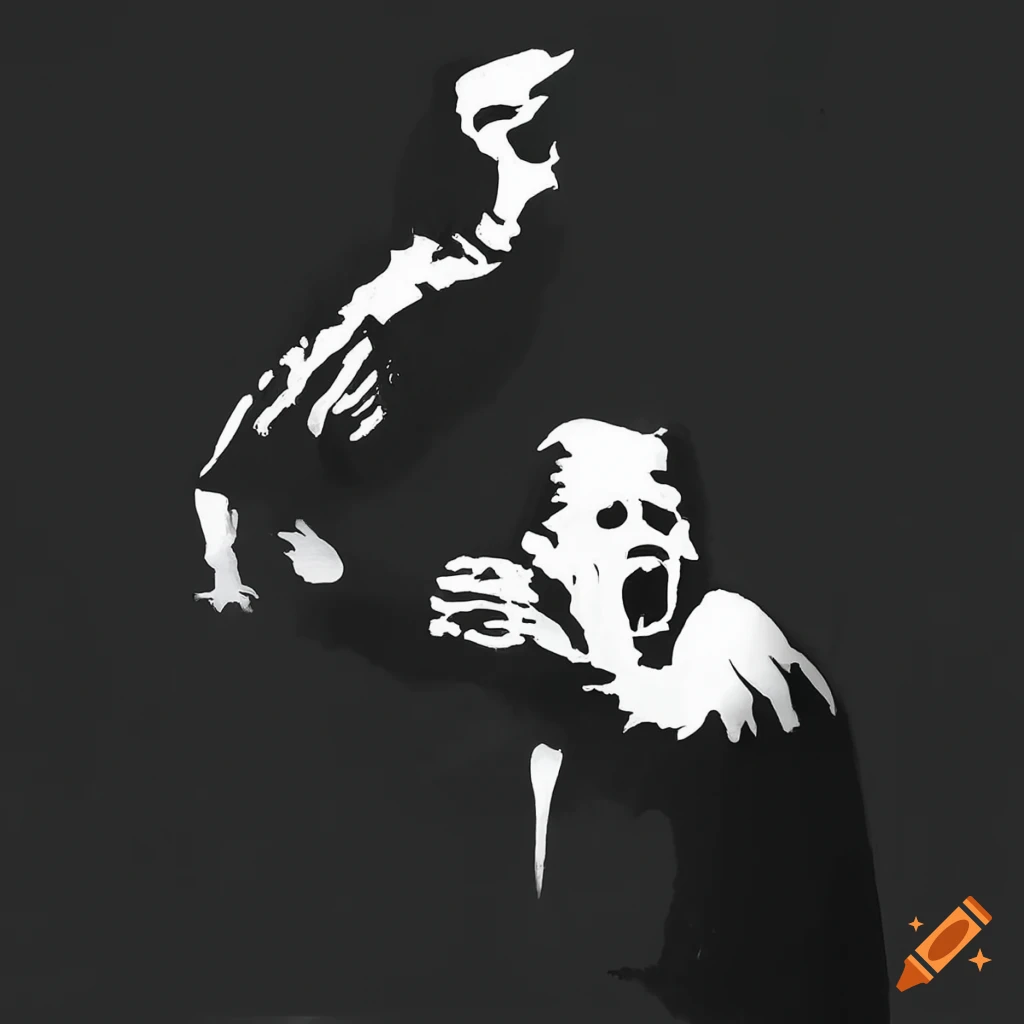 Stencil art of a man screaming in high contrast black and white style