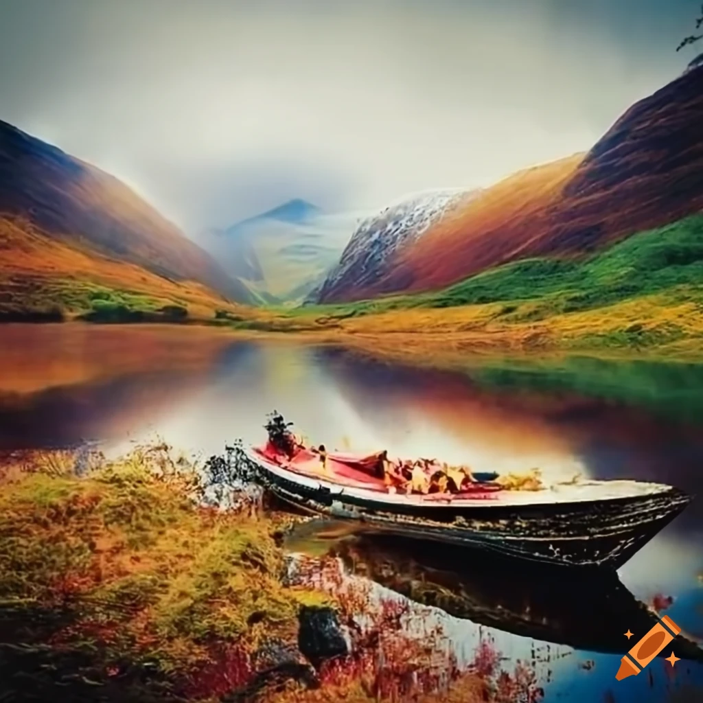 Vibrant collage of antique books with Scottish Highlands Loch and kayak