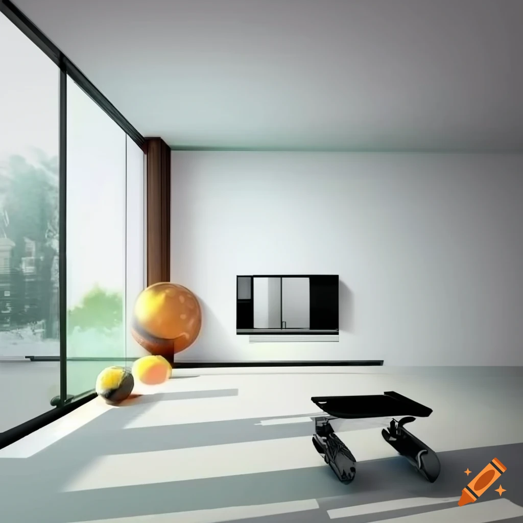 Visualization of a modern personal fitness room in a home with white walls and fitness machines