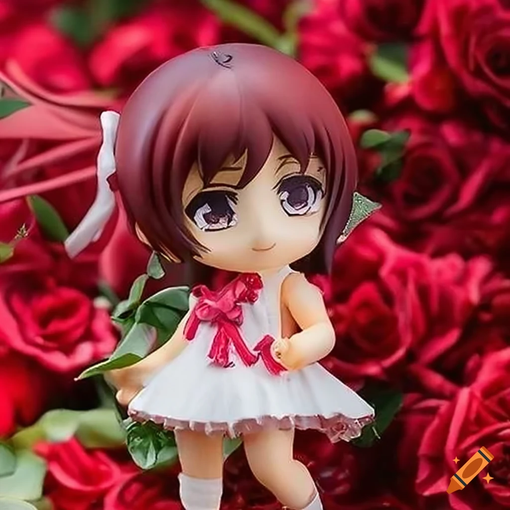 Nendoroid girl in rose-themed costume surrounded by red roses