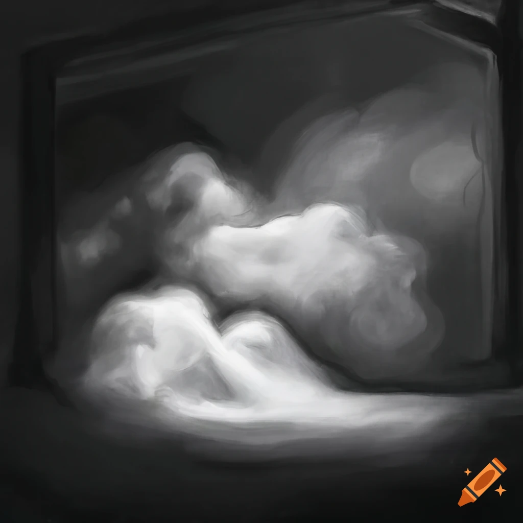 Cloud view from a cottage room window in charcoal black and white