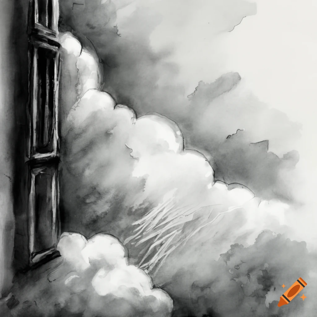 Cloud entering cottage room through window in charcoal drawing on Craiyon