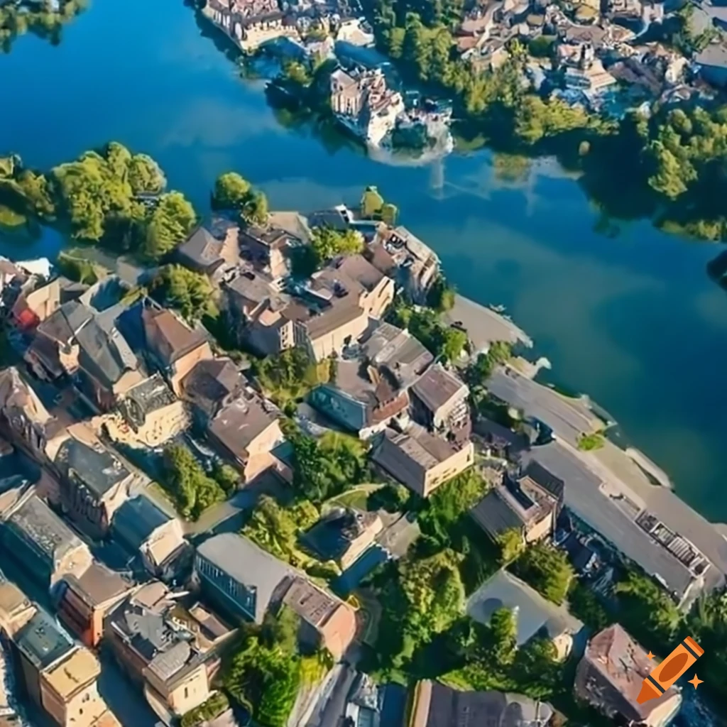 Overhead view of a town by a large lake