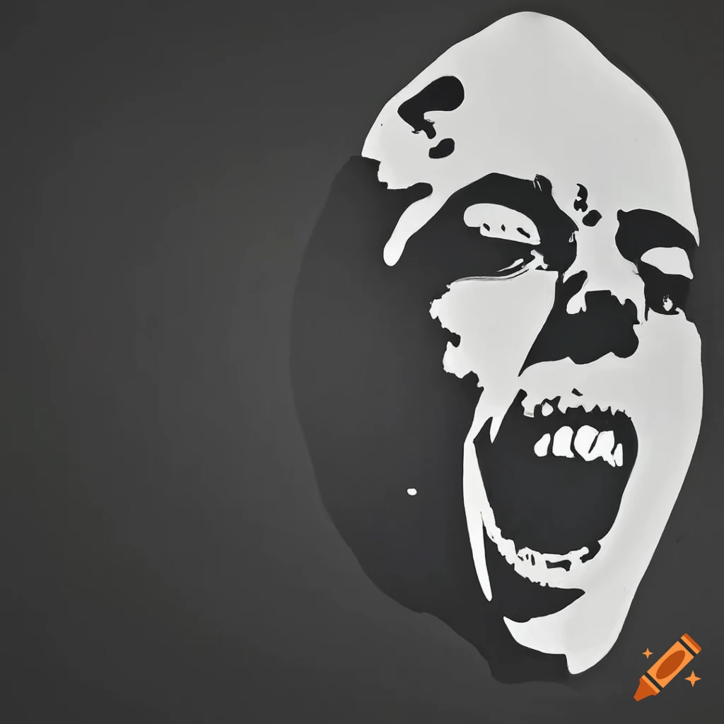 Stencil art of a man screaming in high contrast black and white style