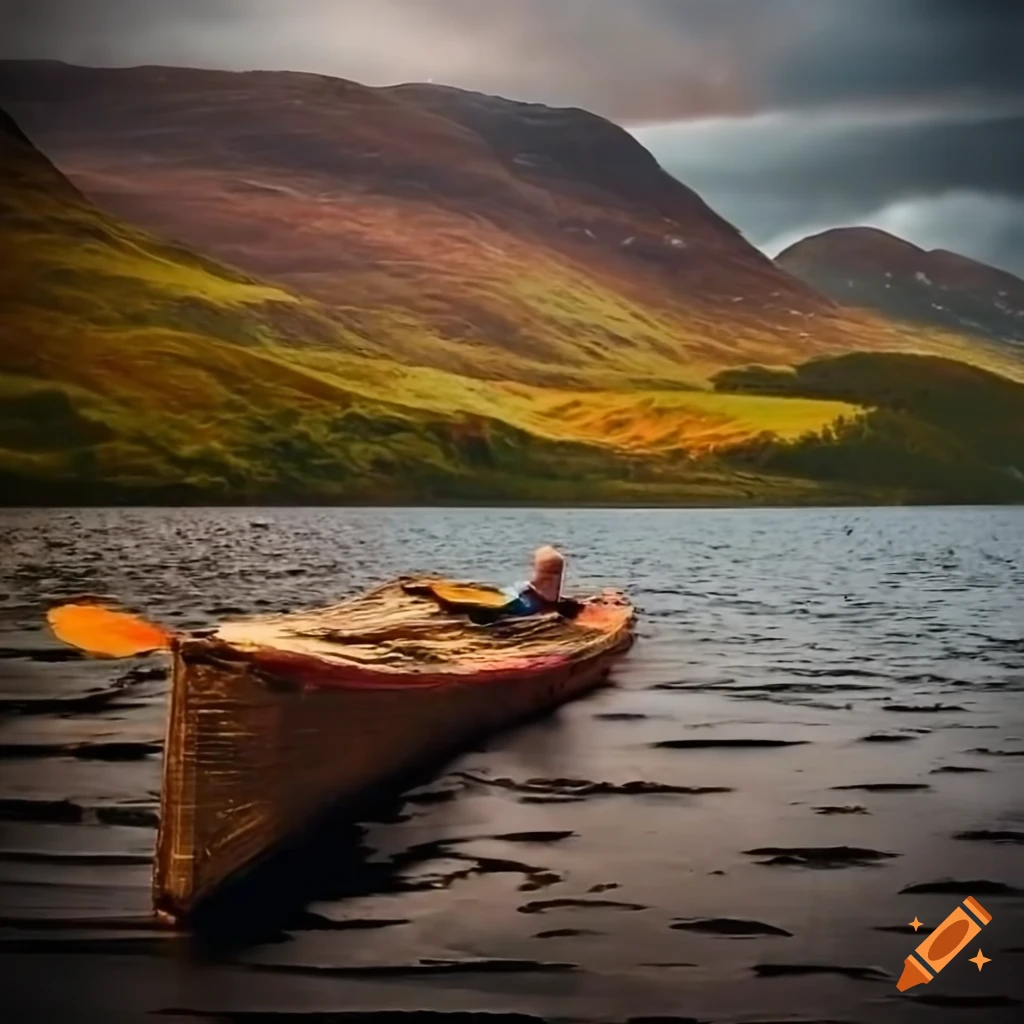 Vibrant collage of antique books and Scottish highlands loch with kayak