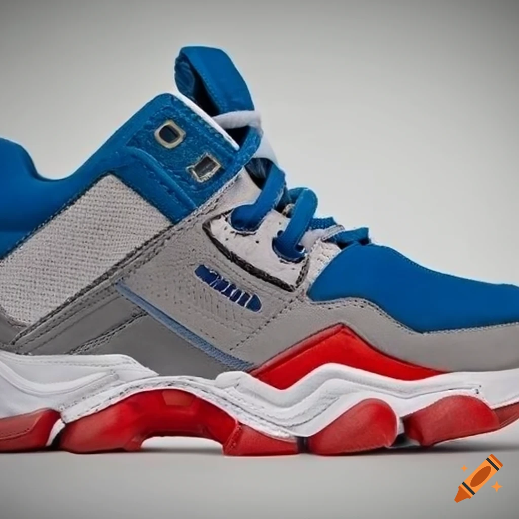 Red, grey, and blue color block tennis shoe with thick sole
