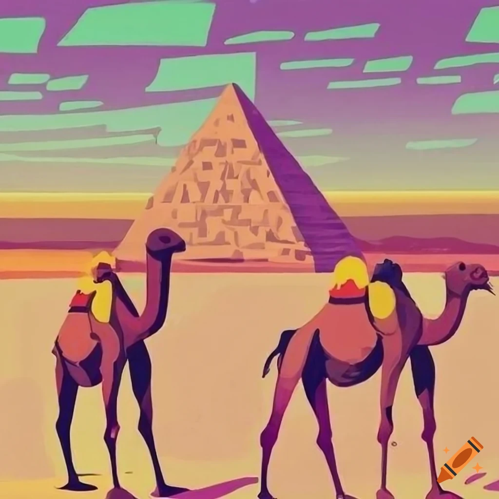 Two camels in the desert with a pyramid under fifties-style illustration