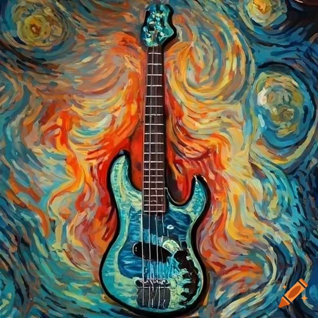 Electric bass engulfed in flames with a Van Gogh artistic style
