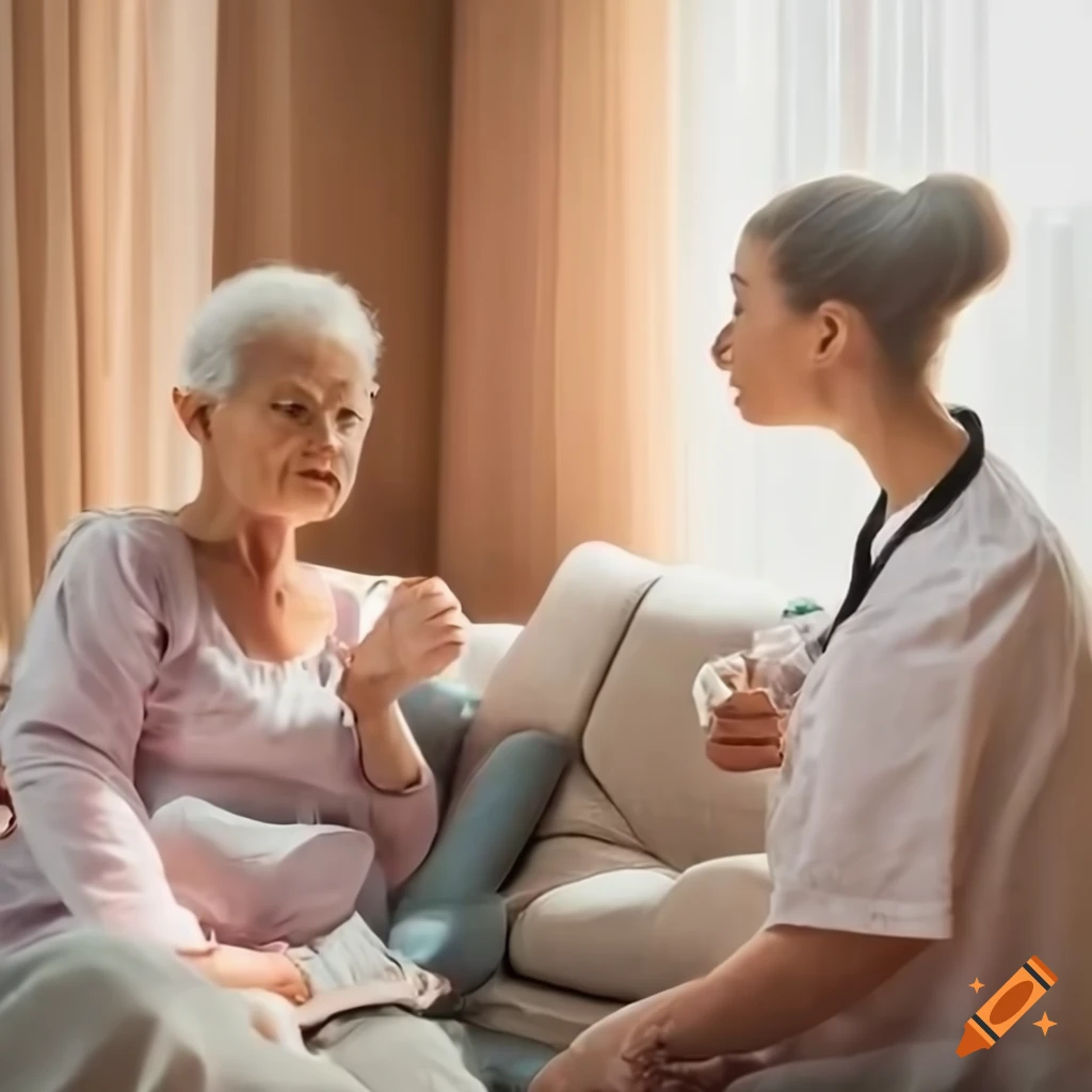Young nurse with IV equipment attending to elderly woman in a sunlit living room