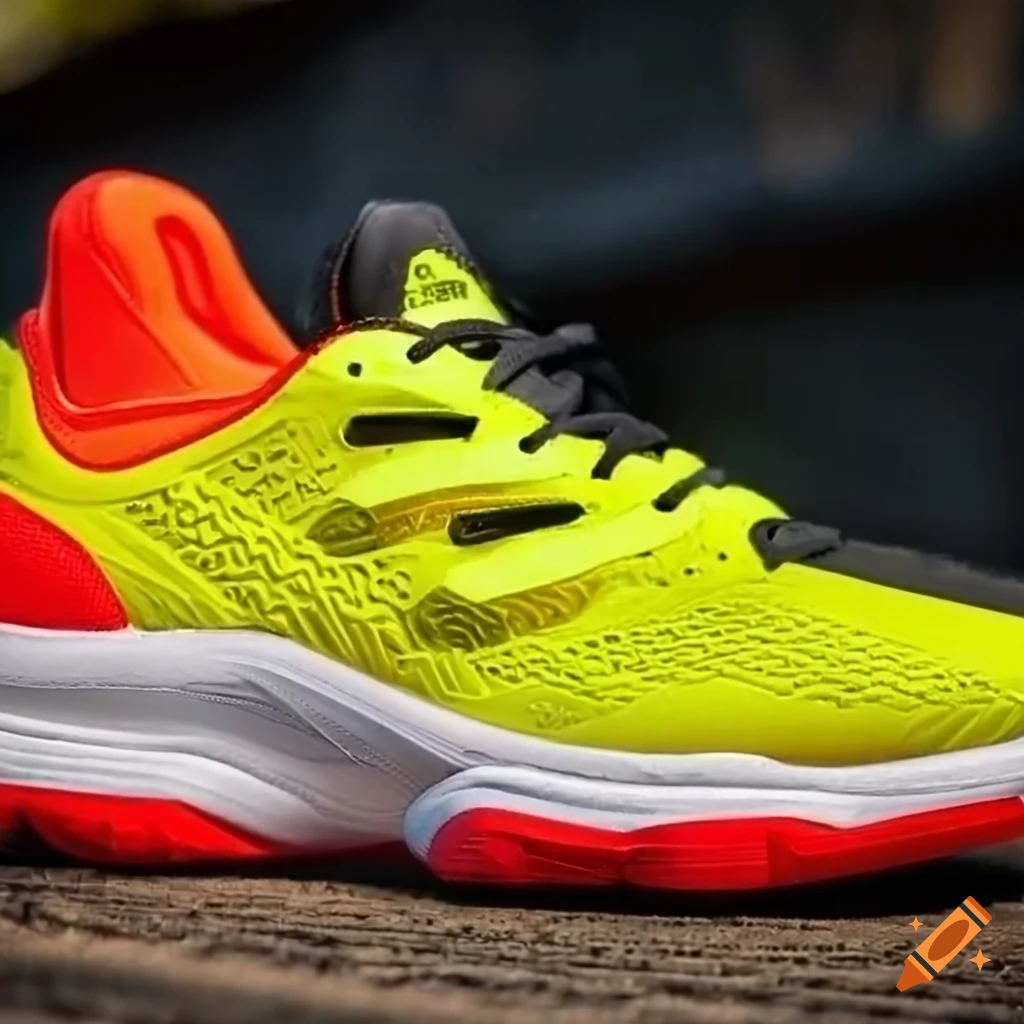 Black, orange, and yellow tennis shoe with red thick sole on Craiyon