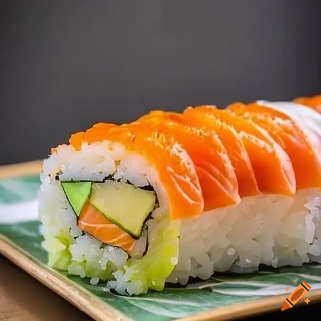 Giant sushi on a table with people in amazement