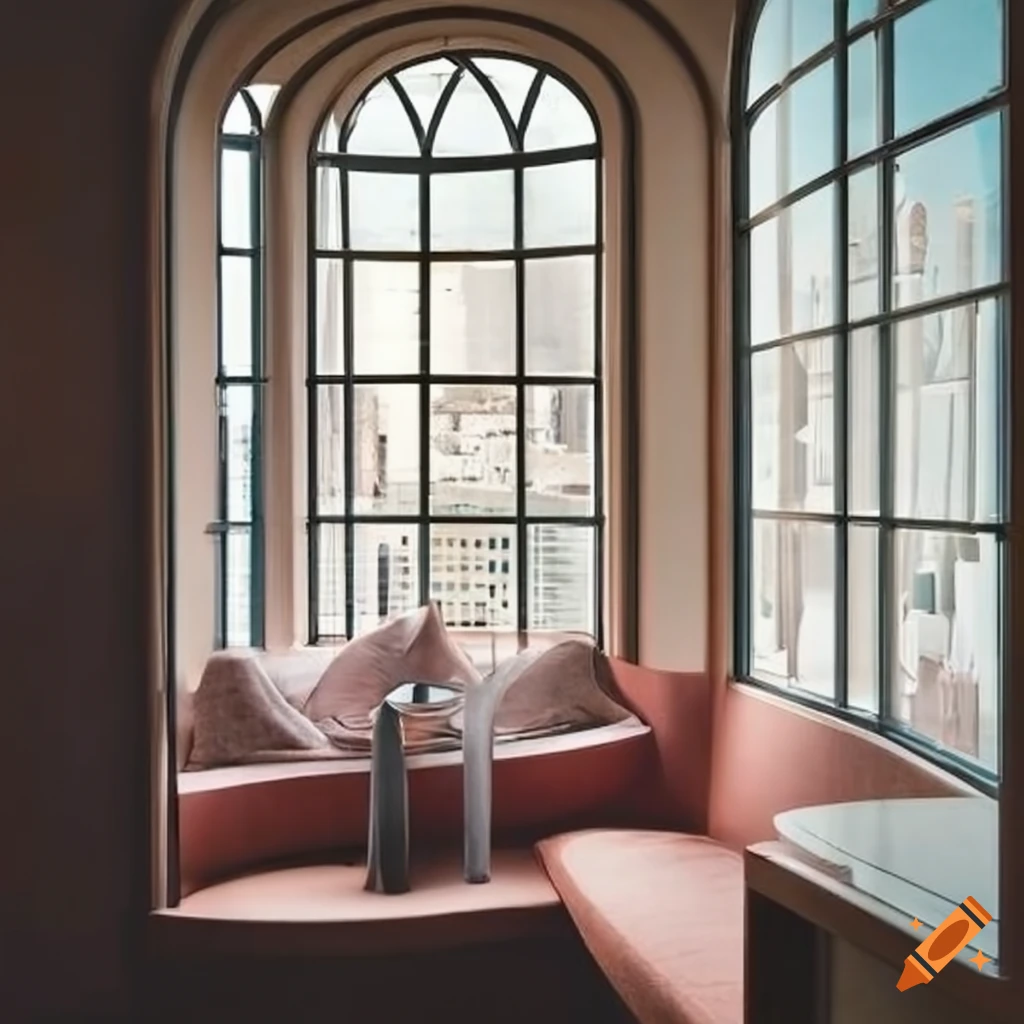 Curved seating area in a bay window on Craiyon